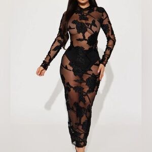 NEW Black Sheer Mesh Floral Maxi Dress